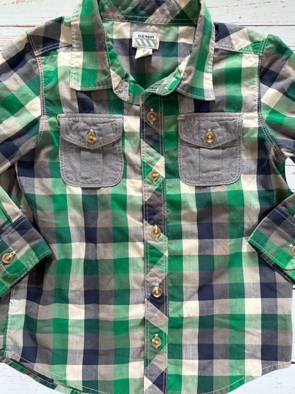 Old Navy Boys 5T Green Plaid Button Up Long Sleeve Shirt
